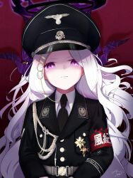  1girl absurdres alternate_costume belt black_necktie blazer blue_archive breast_pocket hair_ornament hairclip hat highres hina_(blue_archive) jacket long_hair military_hat military_jacket military_uniform nazi necktie parallel_hairclips peaked_cap pocket red_background serious shoulder_belt solo ss_insignia suit_jacket totenkopf translation_request very_long_hair violet_eyes white_hair writtenive 