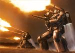  80s absurdres battle cannon dust gun guncannon gundam guntank highres mecha mobile_suit_gundam mountain oldschool realistic rifle science_fiction smoke weapon 