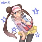  absurdres artist_name bag blue_eyes breasts brown_hair collaboration cowboy_shot double_bun female_protagonist_(pokemon_bw2) highres leaning_forward legwear_under_shorts long_hair magister_(bigbakunyuu) mei_(pokemon) miniskirt open_mouth pantyhose parody pokemon pokemon_(game) pokemon_bw2 raglan_sleeves shorts skirt smile solo style_parody taut_shirt twintails visor_cap watch weee_(raemz) wink wristwatch 