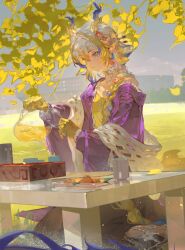  1girl arknights blue_eyes braid camisole chinese_commentary choker chopsticks collarbone colored_extremities commentary_request cropped cup dragon_girl dragon_horns eastern_dragon_horns eyeliner fruit_earrings gradient_hair hair_between_eyes hair_intakes hair_ornament hair_over_shoulder hair_stick highres horns jacket long_hair makeup multicolored_hair multicolored_horns official_alternate_costume official_alternate_hairstyle official_art open_clothes open_jacket orange_eyeliner pitcher_(container) pointy_ears pouring purple_jacket shawl shu_(arknights) shu_(spring_feast)_(arknights) shule_de_yu sidelocks single_bare_shoulder single_braid sitting solo very_long_hair white_shawl yellow_camisole yellow_choker yellow_hands yokozuwari 