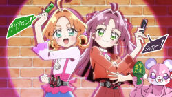  2girls ahoge akechi_anna belt blush company_connection doubledriver dress gaia_memory green_eyes green_slippers hair_ornament henshin henshin_pose holding jewelry kamen_rider kamen_rider_w kobayashi_mikuru long_hair looking_at_viewer meitantei_precure! mu-chu multiple_girls muscular open_mouth orange_hair pochi-tan precure purple_hair rider_belt slippers smile upper_body violet_eyes 