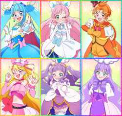  1boy 5girls ;) ;d absurdres akizora_(aki_precure) antenna_hair aqua_eyes arm_behind_back ascot bad_id bad_twitter_id belt black_belt black_hat blonde_hair blue_bow blue_cape blue_dress blue_eyes blue_hair bow braid braided_bangs bridal_gauntlets brooch butterfly_hat_ornament cape center_frills clenched_hand closed_mouth clothing_cutout coattails commentary cowboy_shot cropped_jacket cropped_shirt cure_butterfly cure_majesty cure_noble cure_prism cure_sky cure_wing cut_bangs detached_sleeves dress dress_bow drill_hair drill_sidelocks earclip earrings elbow_gloves ellee-chan fingerless_gloves frilled_shirt frilled_shorts frilled_skirt frilled_thighhighs frills fringe_trim glove_bow gloves green_eyes grin hair_bow hair_ornament half-dress hand_on_own_chest hat hat_ornament heart heart_hands highres hijiri_ageha hirogaru_sky!_precure index_finger_raised jacket jewelry juliet_sleeves layered_dress layered_gloves long_hair long_sleeves looking_at_viewer magical_boy magical_girl medium_dress microskirt midriff mini_hat mini_top_hat miniskirt mismatched_earrings mob_cap multicolored_hair multiple_girls navel nijigaoka_mashiro one_eye_closed open_mouth orange_gloves orange_hair orange_jacket orange_shorts orange_vest pink_bow pink_gloves pink_hair pink_hat pink_shirt pink_skirt pleated_skirt pointing pointing_at_viewer precure princess_ellerein puffy_detached_sleeves puffy_short_sleeves puffy_sleeves purple_dress purple_hair purple_skirt red_bow red_cape red_eyes shirt short_sleeves shorts shoulder_cutout showgirl_skirt side_braids sidelocks single_earring single_leg_pantyhose single_sidelock skirt skirt_bow sleeveless sleeveless_dress sleeveless_shirt smile sora_harewataru standing stud_earrings tailcoat thigh-highs tilted_headwear top_hat twintails two-sided_cape two-sided_fabric two-tone_dress two-tone_hair two_side_up very_long_hair vest violet_eyes white_ascot white_bow white_dress white_gloves white_thighhighs wing_brooch wing_hair_ornament yuunagi_tsubasa 