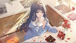 1girl bag black_hair blue_eyes blue_jacket blush box box_of_chocolates cabinet candy chocolate collarbone commentary cooking_pot copyright_notice counter dot_nose english_commentary falling_petals faucet flower food gift_bag guest_art hair_between_eyes hand_up harukix heart heart-shaped_chocolate heart-shaped_food highres holding holding_box holding_chocolate holding_food hoshino_ichika_(project_sekai) indoors jacket kitchen long_hair long_sleeves looking_at_viewer microwave official_art open_box open_mouth petals pink_bag plant potted_plant project_sekai red_flower red_petals red_rose rose second-party_source shirt sidelighting sidelocks single_off_shoulder sink smile soap_bottle solo stove upper_body valentine vase white_flower white_rose white_shirt window wooden_floor 