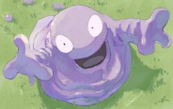  arms_up black_tongue dripping grass grimer hashtag-only_commentary highres liquid looking_up no_humans open_mouth pokemon pokemon_(creature) pokemon_rgby purple_liquid sakuraiisui slime_(substance) smile 