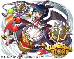  1girl apple apron baguette ball_and_chain_(weapon) black_dress black_hair black_pantyhose bread chain checkerboard_cookie commentary_request cookie copyright_name copyright_notice demon_wings dress edamame_senpai elemental_story food fruit full_body looking_at_viewer mary_janes monocle official_art pantyhose pear red_eyes red_ribbon red_shoes ribbon sharp_teeth shoes short_sleeves teeth virtual_avatar_egypt_gebumi weapon white_apron wings 