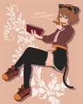 animal_ears aqua_eyes book brown_hair cat_ears cat_tail crossed_legs eating hairband hanosuke holding holding_book open_book rita_mordio sitting skirt solo tail tales_of_(series) tales_of_vesperia thigh-highs thighhighs toast translated translation_request 