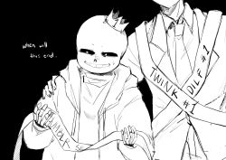 2022 2boys 2d anaizzzen black_background commentary crossover crown digital_media drawstring duo english_commentary english_text hand_on_another's_shoulder head_out_of_frame high_contrast highres holding holding_sash hollow_eyes hood hood_down hooded_jacket humanoid jacket long_sleeves male male_focus male_only mob_psycho_100 monochrome monster monster_boy multiple_boys open_clothes open_jacket reigen_arataka sans_(undertale) sash shirt simple_background skeleton solo_focus teeth text tumblr_sexyman_tournament undead undertale upper_body utdr_(toby_fox) white_shirt