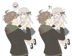  !? 1boy 1girl :d aged_down black_jacket black_ribbon black_shoes black_skirt blush bow bowtie braid carrying carrying_person child commentary_request danganronpa:_trigger_happy_havoc danganronpa_(series) dress_shirt eye_contact hair_ribbon happy highres hood hood_down jacket kirigiri_kyoko korean_commentary looking_at_another merryxmasu miniskirt pink_eyes ribbon shirt shoes short_sleeves skirt smile socks speech_bubble thought_bubble twin_braids white_shirt white_socks 