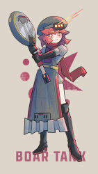  1girl absurdres apron armored_apron belt black_boots black_gloves boots character_name chinese_commentary commentary_request elbow_gloves frying_pan full_body gloves grey_shirt hat headlamp high_heel_boots high_heels highres holding holding_weapon knee_boots linkai_nuofu looking_at_viewer newsboy_cap parted_lips personification red_eyes red_hair red_scarf scarf shirt short_hair shorts simple_background solo standing tempest_rising thick_eyebrows thigh_boots v-shaped_eyebrows weapon 