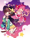  :o ;d ahoge bow broom broom_riding brown_eyes brown_hair cape cat dress hair_ornament hand_to_mouth hat hat_bow looking_at_viewer multiple_girls open_mouth original pink_eyes pink_hair smile star striped striped_legwear thigh-highs thighhighs twintails wasabi_(sekai) wink witch witch_hat 