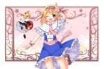  :o alice_margatroid apple arm_up blonde_hair blue_dress blue_eyes bobby_socks capelet doll doll_joints dress flower food fruit hair_ribbon hand_on_head headband leaf looking_back mitsuki on_one_leg open_hand open_mouth outstretched_arm pink_background ribbon sash shanghai_doll shoes short_hair short_sleeves skirt skirt_lift socks solo standing standing_on_one_leg star teeth touhou wink wrist_cuffs 