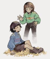  2023 2d 2others :o ambiguous_gender anaizzzen blue_sweater boots brown_boots brown_hair brown_pants brown_shorts chara_(undertale) child commentary digital_media double_horizontal_stripe duo english_commentary flower frisk_(undertale) full_body green_sweater heart_necklace horizontal-striped_clothes human leaning_forward long_sleeves looking_at_another multiple_others necklace open_mouth pants petals pink_stripes short_hair shorts simple_background single_horizontal_stripe sitting standing striped_clothes striped_sweater sweater teeth two-tone_sweater undertale utdr_(toby_fox) white_background yellow_flower yellow_petals yellow_stripes 