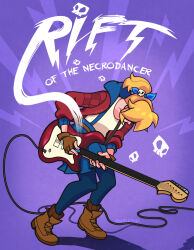  1girl absurdres artist_name blonde_hair blue_skirt brown_gloves brown_shoes commentary crypt_of_the_necrodancer english_commentary fingerless_gloves gloves guitar hair_ornament highres instrument jacket music pantyhose playing_guitar playing_instrument poster_parody princess_cadance purple_background red_jacket rift_of_the_necrodancer scott_pilgrim_(series) shirt shoes skeletood skirt skull_hair_ornament white_shirt 