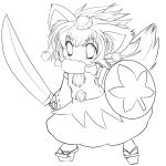 absurdres animal_ears boned_meat detached_sleeves food hat highres inubashiri_momiji lineart meat monochrome mouth_hold shield short_hair solo sword tail tokin_hat touhou transparent_background weapon wolf_ears wolf_tail yume_shokunin 