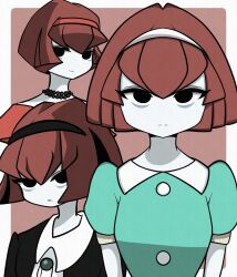  1girl akoko_kokoa black_eyes black_hairband bob_cut border closed_mouth commentary hairband highres light_smile looking_at_viewer multiple_views outside_border pale_skin puffy_short_sleeves puffy_sleeves r_dorothy_wayneright red_background red_hair red_hairband short_hair short_sleeves the_big_o upper_body white_border white_hairband 