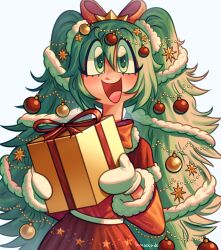  1girl beads blush bow box capelet christmas christmas_ornaments christmas_ornaments_in_hair christmas_present dress eyelashes fur-trimmed_capelet fur-trimmed_dress fur_trim garland_(decoration) gift gift_box green_eyes green_hair hair_beads hair_bow hair_ornament hatsune_miku highres holding long_hair looking_at_viewer mittens ocado7 open_mouth santa_costume santa_dress smile solo star_(symbol) star_hair_ornament twintails upper_body very_long_hair vocaloid 