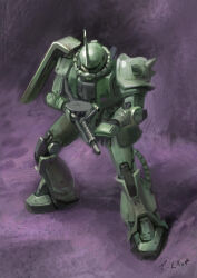  drum_magazine fins full_body gun gundam head_fins highres holding holding_gun holding_weapon magazine_(weapon) mecha mecha_focus mobile_suit mobile_suit_gundam painting_(medium) robot science_fiction scope thomas-elliott-art traditional_media weapon zaku_ii zeon 
