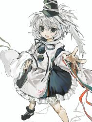  1girl :d black_dress black_shoes dress grey_eyes grey_hair hashtag-only_commentary highres japanese_clothes kariginu long_hair long_sleeves looking_at_viewer mononobe_no_futo open_mouth pom_pom_(clothes) ponytail ribbon-trimmed_sleeves ribbon_trim sayoko404 shoes simple_background smile solo touhou white_background wide_sleeves 