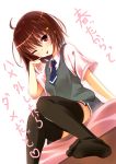  ;p ahoge black_legwear blush brown_hair dutch_angle finger_to_face hair_ornament hairclip kinta_(distortion) looking_at_viewer no_shoes original red_eyes school_uniform short_hair sitting solo sweater_vest thighhighs tongue translated translation_request wink 