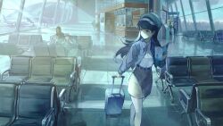  1girl airport bang_dream! bang_dream!_it's_mygo!!!!! blue_jacket brown_skirt commentary_request commission dress_shirt german_commentary hat highres jacket open_clothes open_jacket people real_world_location schiphol_airport second-party_source shiina_taki shirt skirt wb_yimo white_hat white_shirt 