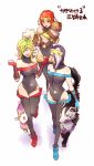  3girls bare_shoulders bodysuit crossover deerling goggles green_hair hairlocs lily_myers mari_myers mary_myers mightyena multicolored_hair multiple_girls pokemon pokemon_(creature) purple_hair red_hair redhead siblings sisters thigh-highs thighhighs tiger_&amp;_bunny two-tone_hair two-toned_hair white_hair yui_(kari) zigzagoon 