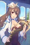  artist_request bow_(weapon) breasts brown_hair choker collarbone crossbow garrison_cap hair_between_eyes hat holding jacket long_hair lowres navel open_mouth red_eyes scope solo sword_girls weapon 