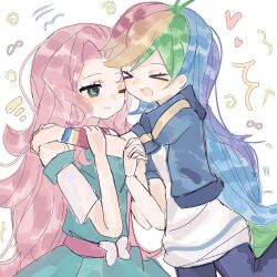  >_< 2girls :d alternate_skin_color animification aqua_dress aqua_eyes blue_jacket blue_pants bug butterfly chinese_commentary commentary_request couple dress equestria_girls:_better_together fluttershy fluttershy_(equestria_girls) ghost90922 highres hug jacket long_hair multicolored_hair multiple_girls mutual_hug my_little_pony my_little_pony:_equestria_girls my_little_pony:_friendship_is_magic official_alternate_costume one_eye_closed open_clothes open_jacket pants personification pink_hair rainbow_dash rainbow_dash_(equestria_girls) rainbow_hair simple_background sketch smile upper_body very_long_hair white_background white_dress wristband yuri 