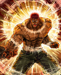  1boy absurdres cheek_injury clenched_hand commentary_request facing_viewer gumorugensui hair_slicked_back highres muscular muscular_male no_pupils open_mouth partial_commentary red_hair sash scar scar_on_arm scar_on_chest scar_on_shoulder short_hair shouting solo sound_wave teeth tongue topless_male toriko_(series) white_eyes white_sash zebra_(toriko) 