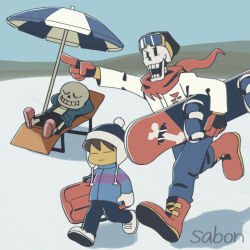  1other 2023 2boys 2d alternate_costume ambiguous_gender aqua_background arms_behind_head artist_name beach_umbrella black_gloves black_shorts blue_jacket blue_pants boots brothers brown_hair child closed_eyes commentary digital_media eyewear_on_head frisk_(undertale) gloves goggles grey_hood hat height_difference holding holding_sled holding_snowboard hood hood_down hooded_jacket horizontal-striped_clothes human humanoid jacket long_sleeves lying male monster monster_boy multiple_boys on_back open_clothes open_jacket outdoors pants papyrus_(undertale) pink_slippers pink_stripes pointing pointing_forward red_boots red_gloves red_scarf running sabon_t sans_(undertale) scarf shadow shirt shoes short_hair shorts siblings simple_background single_horizontal_stripe single_vertical_stripe skeleton ski_goggles sled slippers snow snowboard striped_clothes striped_shorts striped_swimsuit teeth trio two-tone_coat two-tone_gloves umbrella undead undertale utdr_(toby_fox) variant_set vertical-striped_clothes vertical-striped_shorts white_gloves white_jacket white_shirt white_shoes white_socks white_stripes winter winter_clothes 
