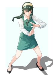 1girl aqua_skirt aqua_vest black_hair black_shoes collared_shirt commentary fighting_stance full_body hairband highres hutarikiri2025 long_sleeves looking_at_viewer office_lady red_eyes shadow shirt shoes sidelocks skirt skirt_suit solo spy_x_family standing suit vest white_shirt yellow_hairband yor_briar 
