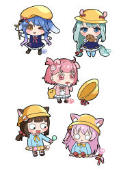  >_o 5girls ;p absurdres animal_ear_fluff animal_ears azur_lane blue_eyes blue_hair branch brown_hair candy cat_ears cat_girl cat_tail chibi chibi_only commentary_request eating food food-themed_hair_ornament green_hair hair_ornament hair_ribbon hat highres holding holding_branch holding_candy holding_food holding_lollipop kindergarten_uniform kisaragi_(azur_lane) lollipop long_hair manjuu_(azur_lane) mikazuki_(azur_lane) minazuki_(azur_lane) multiple_girls mutsuki_(azur_lane) mutsuki_face_(azur_lane) narutomaki_hair_ornament one_eye_closed pink_eyes pink_hair red_ribbon ribbon sailor_collar school_hat shiranuinuiko short_hair signature simple_background tail taiyaki tongue tongue_out uzuki_(azur_lane) wagashi white_background white_sailor_collar x_hair_ornament yellow_eyes yellow_hat 