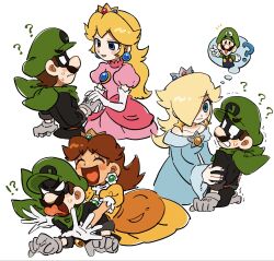  !? 1boy 3girls angry ascot black_shirt blonde_hair blue_dress blue_eyes brown_hair closed_eyes commentary confused crown detached_sleeves dress earrings facial_hair flower_earrings gloves green_ascot green_hat grey_gloves hand_grab hands_on_another's_arms hat heart highres jewelry long_hair looking_at_another luigi mimimi_(mimimim9999) mr._l multiple_girls open_mouth orange_dress paper_mario pink_dress princess princess_daisy princess_peach puffy_short_sleeves puffy_sleeves rosalina shirt short_hair short_sleeves simple_background speech_bubble super_mario_bros. super_paper_mario thought_bubble tongue tongue_out untranslatable_commentary white_background white_gloves 