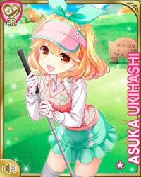 1girl :d argyle_clothes argyle_skirt blonde_hair bow brown_eyes card_(medium) character_name girlfriend_(kari) gloves golf golf_club golf_course green_bow green_skirt grey_thighhighs hair_bow holding holding_golf_club looking_at_viewer miniskirt official_art pink_sweater_vest pink_visor plaid_clothes plaid_sweater_vest qp:flapper shirt skirt smile solo standing sweater_vest thigh-highs thighs ukihashi_asuka white_gloves white_shirt 