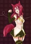 animal_ears breasts cleavage fox_ears heart heart_of_string looking_at_viewer open_mouth original postman_(pixiv) red_eyes red_hair redhead smile solo tail wolf_ears yukizuri 
