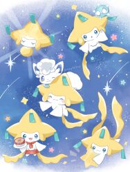  alolan_vulpix apron blue_eyes closed_mouth commentary_request cup floating highres jirachi kana_(maple926) minior minior_(blue_core) minior_(core) mug no_humans one_eye_closed open_mouth plate pokemon pokemon_(creature) pokemon_cafe_remix pokemon_focus smile star_(sky) twitter_username 