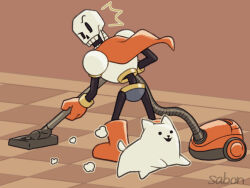  1boy 2024 2d ^^^ animal annoying_dog armor artist_name blue_shorts boots cape checkered_floor cleaning commentary digital_media dog duo floor from_behind full_body gloves holding holding_vacuum_cleaner humanoid indoors leaning_forward looking_at_animal looking_back male male_focus male_only monster monster_boy orange_background papyrus_(undertale) red_boots red_cape red_gloves sabon_t shorts simple_background skeleton standing teeth undead undertale utdr_(toby_fox) vacuum_cleaner white_armor white_dog 