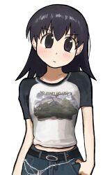 1girl azumanga_daioh belt black_belt black_eyes black_hair blue_pants blush closed_mouth commentary denim english_commentary helloaite highres jeans long_hair looking_at_viewer pants raglan_sleeves shirt short_sleeves simple_background solo t-shirt takino_tomo white_background white_shirt 