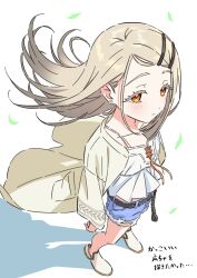  1girl belt black_belt blonde_hair blue_shorts blush camisole closed_mouth collarbone colored_eyelashes commentary_request denim denim_shorts earrings flipped_hair floating_hair foreshortening from_above full_body gakuen_idolmaster gradient_hair grey_hair hair_ornament hairclip highres idolmaster jewelry kousuke0912 leaf long_hair long_sleeves looking_at_viewer midriff_peek multicolored_hair open_clothes open_robe orange_eyes orange_ribbon parallel_hairclips ribbon robe rope_belt shadow shinosawa_hiro shoes shorts solo stud_earrings swept_bangs translation_request white_background white_camisole white_robe white_shoes wind wind_lift 