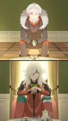  2boys absurdres az_(pokemon) beard black_gloves bow bowtie brown_pants brown_shirt buttons cane chair commentary_request cup curtains facial_hair fingerless_gloves fur-trimmed_jacket fur_trim gloves green_bow green_bowtie grey_eyes grey_jacket hair_over_one_eye highres holding holding_cane ichigo_15_36 indoors jacket long_hair long_sleeves lysandre_(pokemon) male_focus mature_male multiple_boys old old_man one_eye_closed open_clothes open_jacket own_hands_together pants plate pokemon pokemon_legends:_z-a shirt short_hair sitting spoilers stitched_clothes stitches striped_clothes striped_pants striped_vest tea teacup teapot vertical-striped_clothes vertical-striped_pants vertical-striped_vest vest 