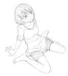  arm_support barefoot bike_shorts glasses lowres monochrome original short_hair sitting sketch solo wariza yoshitomi_akihito 