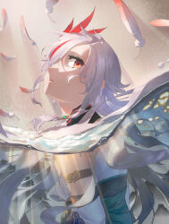  1girl absurdres china_dress chinese_clothes commentary_request different_reflection dress feathers fu_hua fu_hua_(azure_empyrea) fu_hua_(phoenix) highres honkai_(series) honkai_impact_3rd looking_at_viewer open_mouth red_eyes reflection solo water wet white_dress white_hair wow+ 