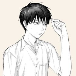  1boy buttons closed_mouth collared_shirt commentary grey_background greyscale highres hikaru_ga_shinda_natsu holding holding_own_hair male_focus mole mole_on_neck mole_under_eye mole_under_mouth monochrome multiple_moles official_alternate_hair_length official_alternate_hairstyle pocket shirt short_hair simple_background slit_pupils solo tsujinaka_yoshiki untranslatable_commentary upper_body x_x3999 