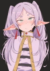  1girl blush capelet closed_mouth collarbone commentary_request earrings eitopondo elf frieren grey_hair highres jewelry long_hair pointy_ears shirt solo sousou_no_frieren striped_clothes striped_shirt sweat teardrop_earrings twintails upper_body white_capelet 