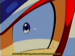  1990s_(style) 1boy android blue_eyes english_commentary eye_focus faux_retro_artstyle forehead_jewel helmet highres jewelry lueduar mega_man_(series) mega_man_x_(series) red_helmet retro_artstyle robot robot_ears solo sweatdrop umamusume vhs_artifacts zero_(mega_man) 