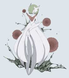 avocado_539 bob_cut closed_eyes commentary dress elbow_gloves floating gardevoir gloves green_hair hair_over_one_eye highres mega_gardevoir mega_pokemon pokemon pokemon_(creature) untranslatable_commentary white_dress white_gloves 