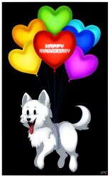  2017 2d aideemargarita animal animal_focus anniversary annoying_dog balloon bilingual_commentary black_background body_fur border commentary dark_background digital_media dog english_commentary fangs happy_anniversary heart_balloon highres mixed-language_commentary open_mouth signature simple_background solid_eyes solid_oval_eyes solo spanish_commentary text tongue tongue_out undertale utdr_(toby_fox) white_border white_dog white_fur 