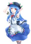  :d arudehido bad_id blue_hair food fruit hat hinanawi_tenshi long_hair open_mouth peach red_eyes simple_background skirt smile solo touhou white_background 