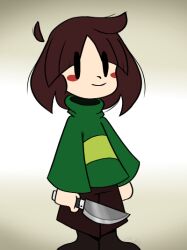  1other 2020 2d ahoge ambiguous_gender ankle_boots blush_stickers boots brown_boots brown_hair brown_pants chara_(undertale) child digital_media double_horizontal_stripe fanamation full_body green_sweater holding holding_knife holding_weapon horizontal-striped_clothes human knife long_sleeves other_focus pants redrawn short_hair simple_background smile solid_eyes solid_oval_eyes solo standing striped_clothes striped_shirt sweater two-tone_sweater undertale utdr_(toby_fox) vignetting weapon white_background yellow_stripes 