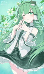  1girl absurdres aomurasaki_r blush closed_mouth commentary dated detached_sleeves flower flower_request frilled_skirt frilled_sleeves frills frog_hair_ornament green_eyes green_hair green_skirt green_theme hair_ornament hair_tubes highres kochiya_sanae long_hair nontraditional_miko one_eye_closed shirt single_hair_tube skirt smile snake_hair_ornament solo standing touhou translated twitter_username white_shirt white_sleeves 