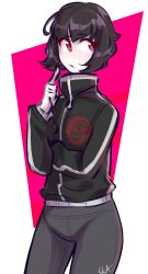  1girl adapted_costume black_hair black_jacket celestia_ludenberg closed_mouth commentary cosmiccolours cowboy_shot danganronpa:_trigger_happy_havoc danganronpa_(series) english_commentary eyelashes grey_pants highres index_finger_raised jacket long_sleeves official_alternate_hair_length official_alternate_hairstyle pale_skin pants red_eyes short_hair signature solo track_jacket transparent_background 